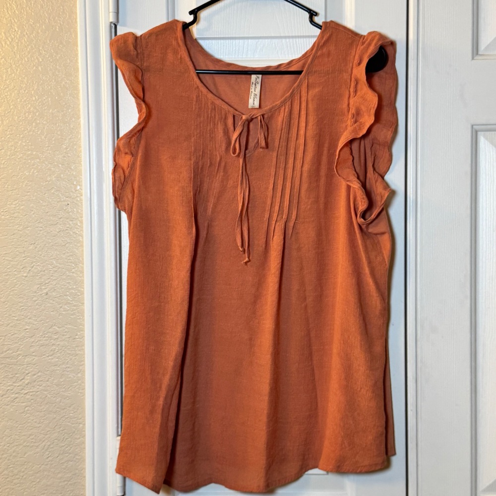 PerSeption Women Rust Orange Flowy Ruffle Sleeve Blouse Top Key Hole, Womens 2XL